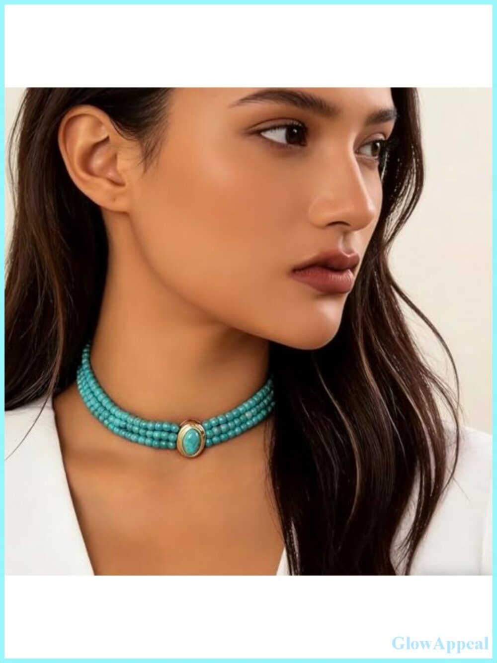 Turquoise Choker Necklace 3 Layer Stainless Steel Gold Plated - Picture 3 of 6